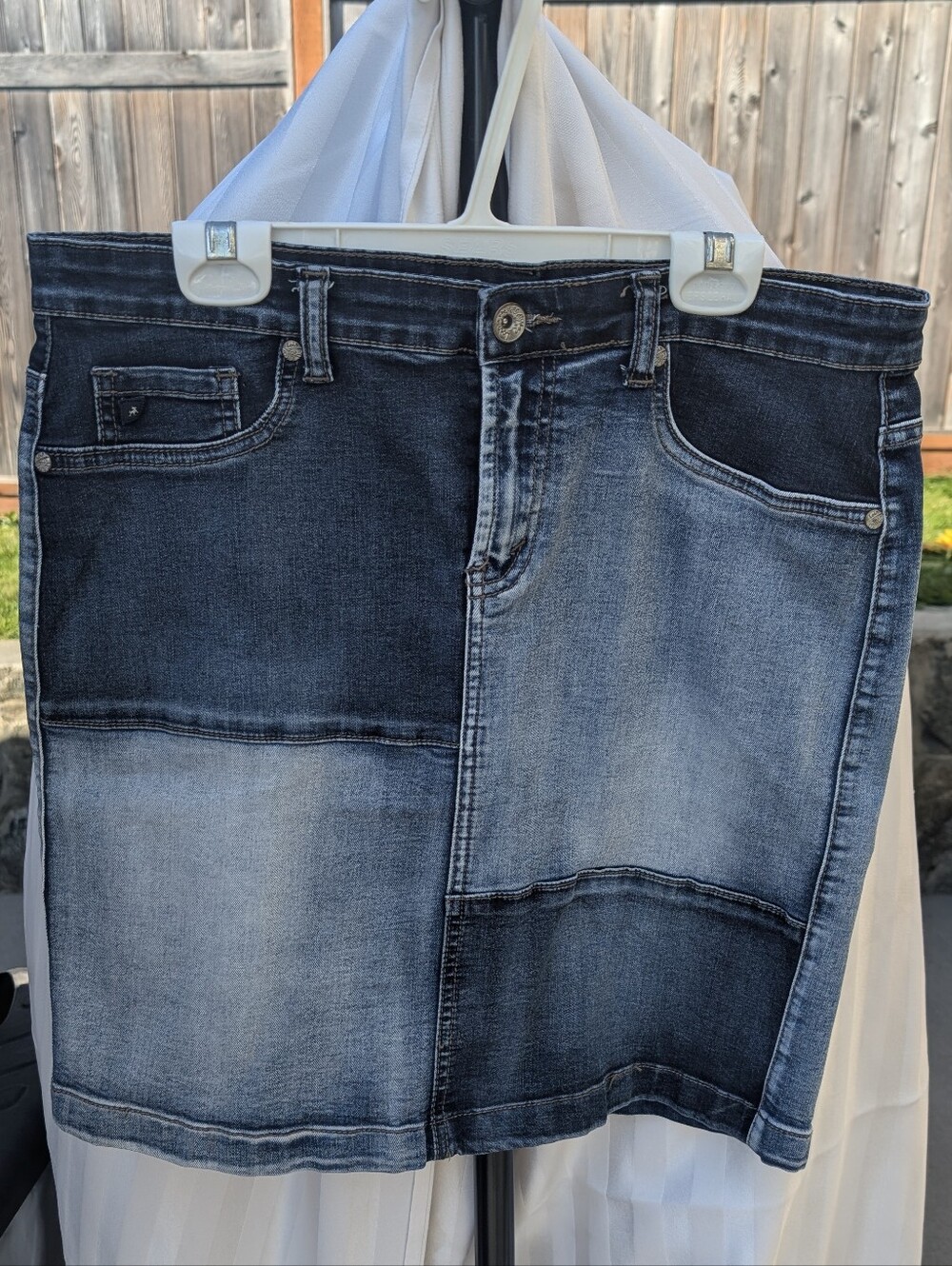 Lois Denim Dark Blue Patch Work Jean Skirt with Contrast Stitching